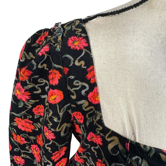 Free People Large Bessie Corduroy Mini Dress Floral Puff Sleeves Sweatheart Neck - Picture 4 of 14